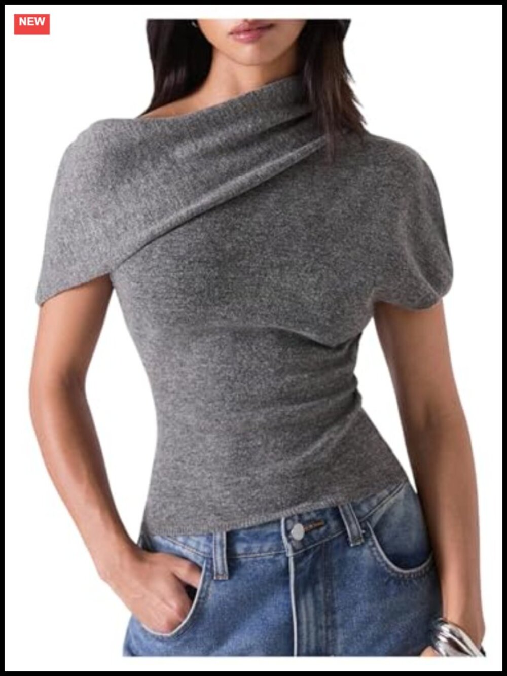 Cropped Sweater Short Sleeve Asymmetrical Knit Pullover